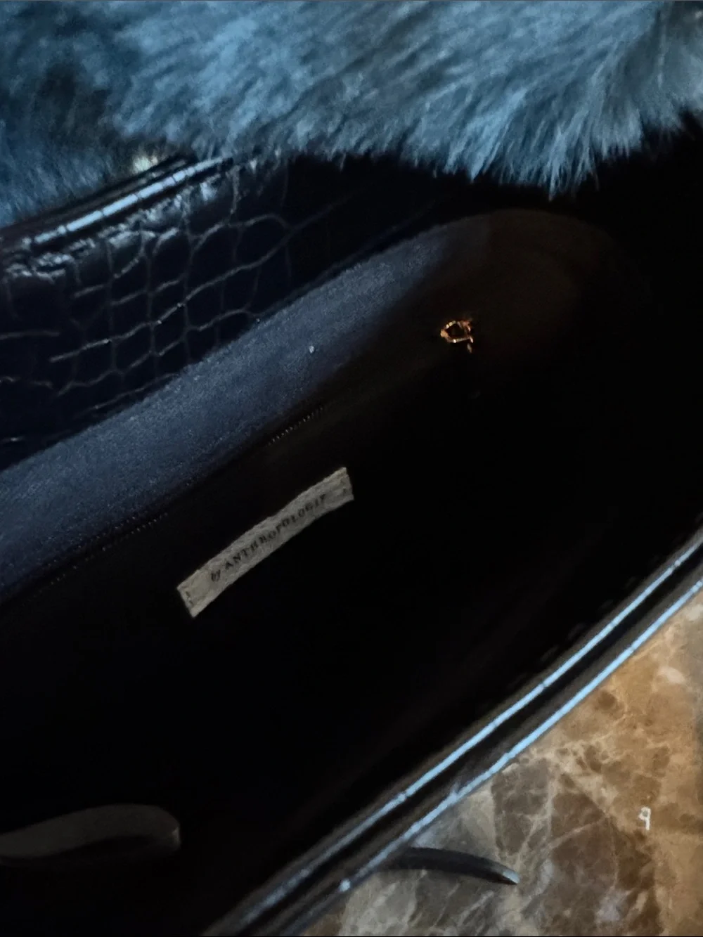 Black Croc-Embossed Bucket Bag with Gray Fur Handle Anthropologie